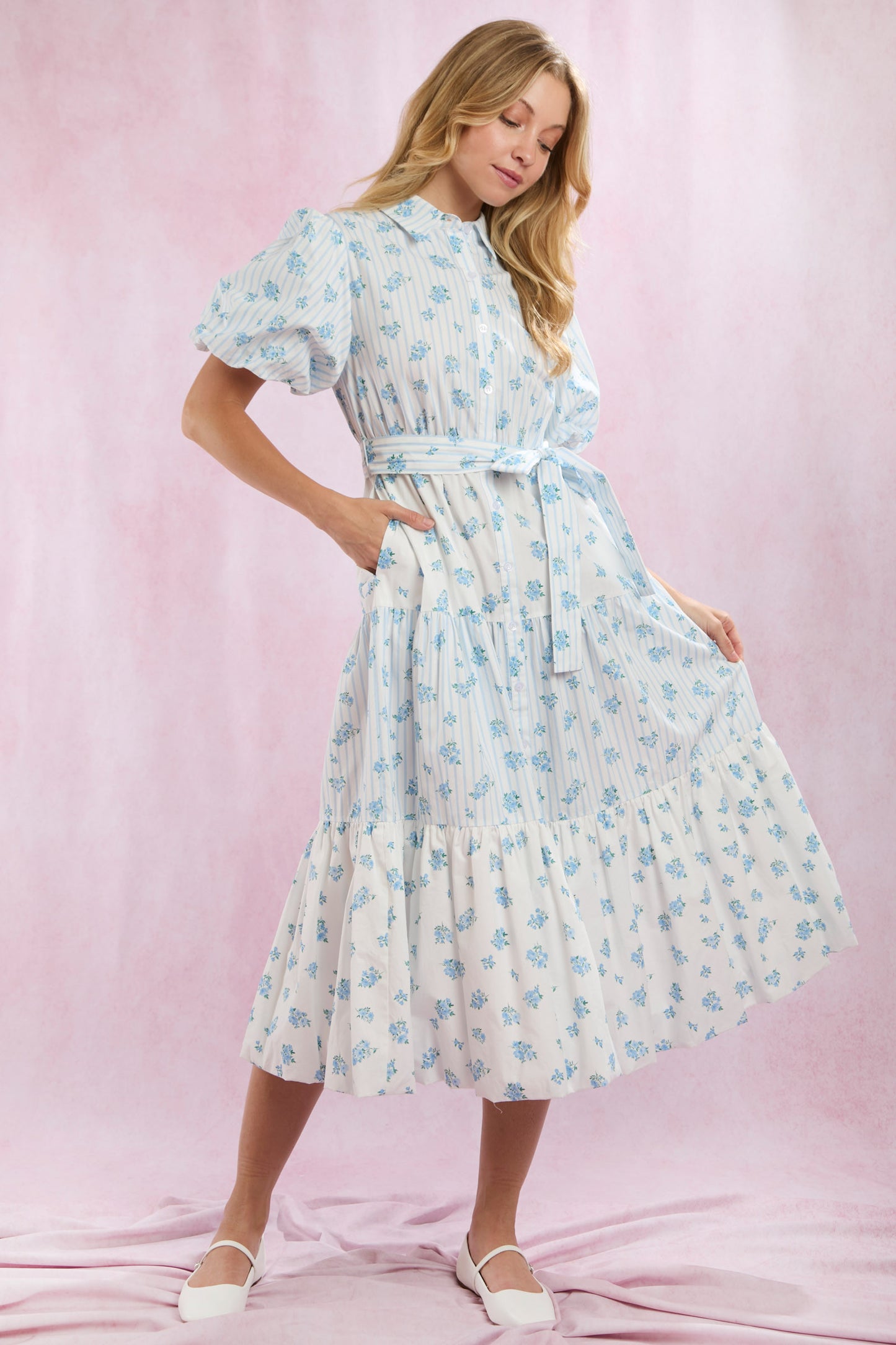 MIXED STRIPE/FLORAL BUBBLE HEM MIDI DRESS - BLUE