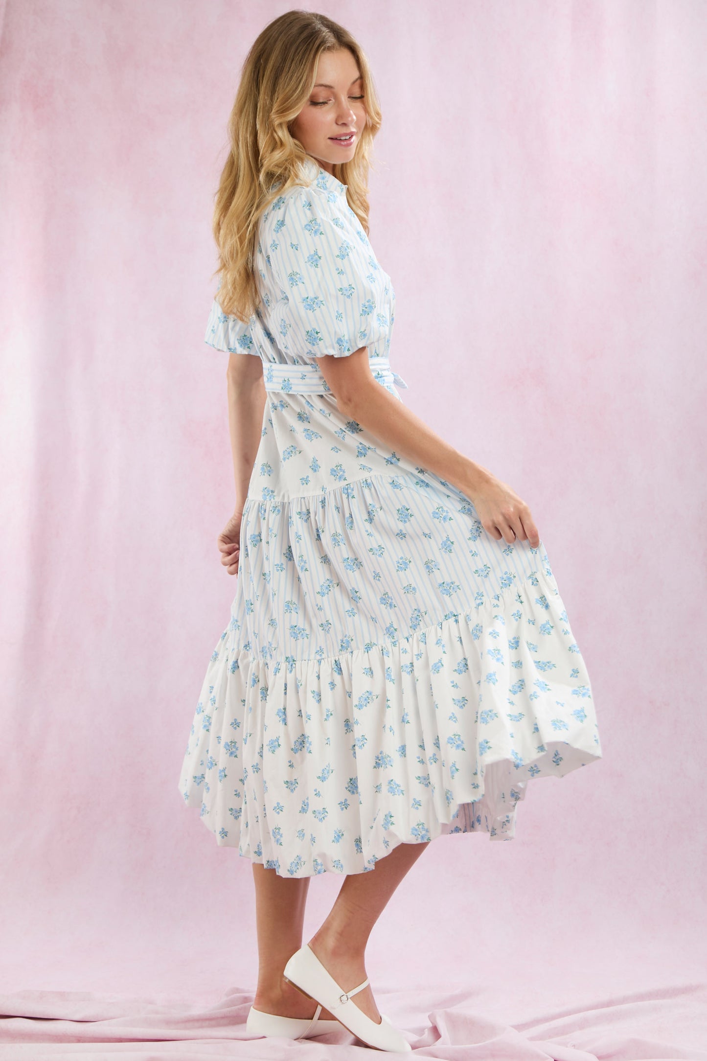 MIXED STRIPE/FLORAL BUBBLE HEM MIDI DRESS - BLUE