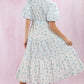 MIXED STRIPE/FLORAL BUBBLE HEM MIDI DRESS - BLUE