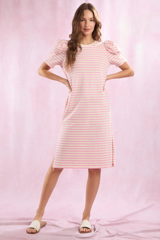 COTTON JERSEY STRIPE PUFF SLEEVE TEE DRESS  - PINK