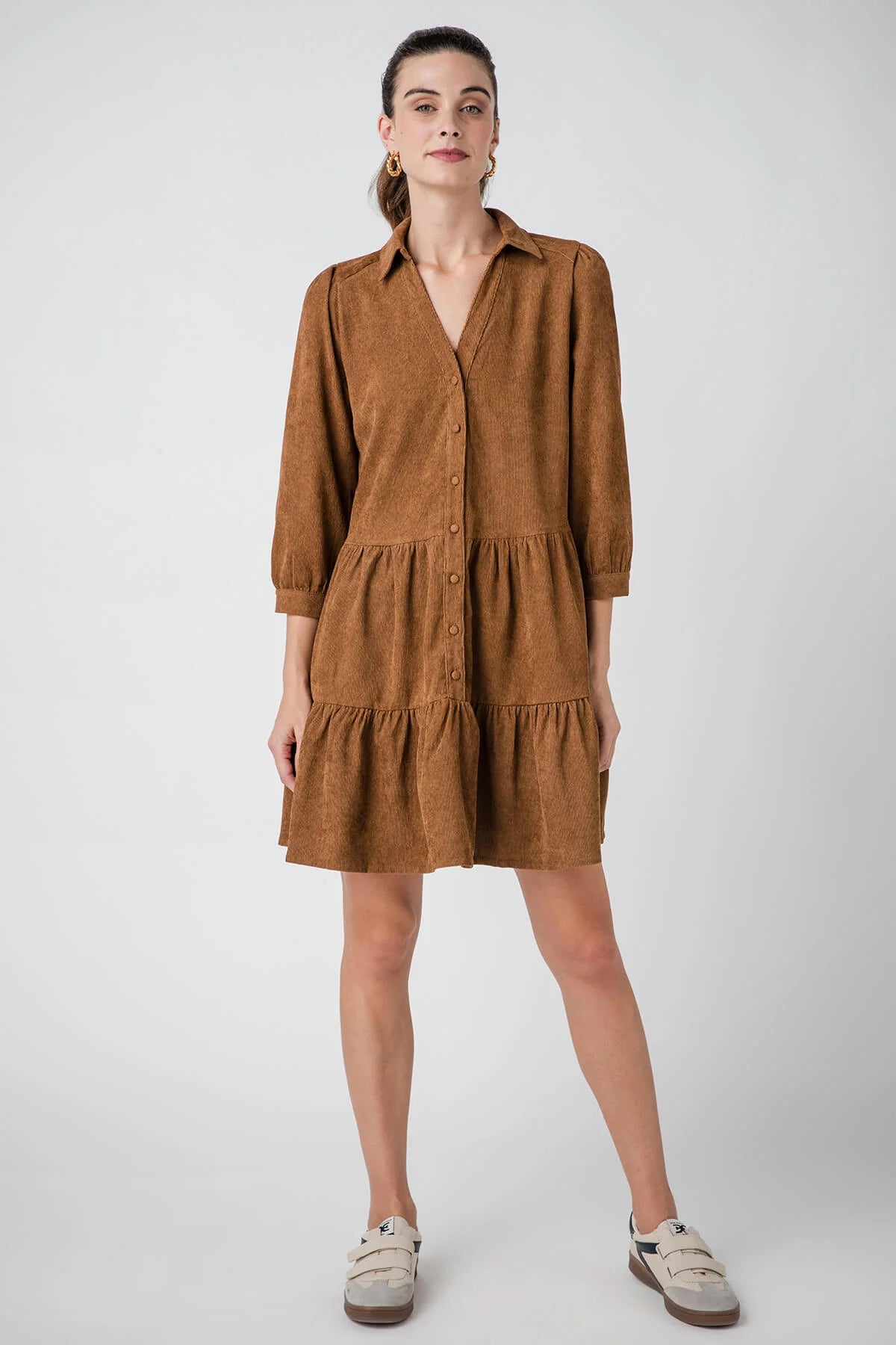 BUTTON DOWN MINI DRESS - CAMEL
