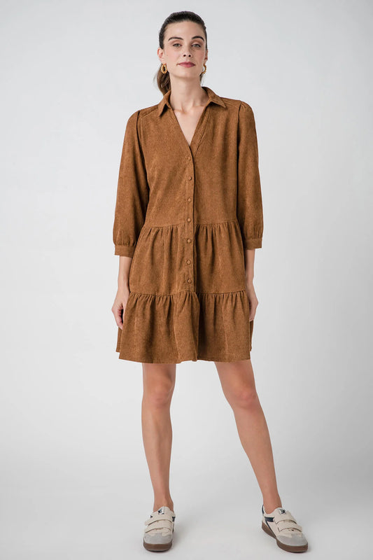 BUTTON DOWN MINI DRESS - CAMEL