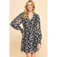 FLORAL PRINT V NECK MINI DRESS - DEEP NAVY