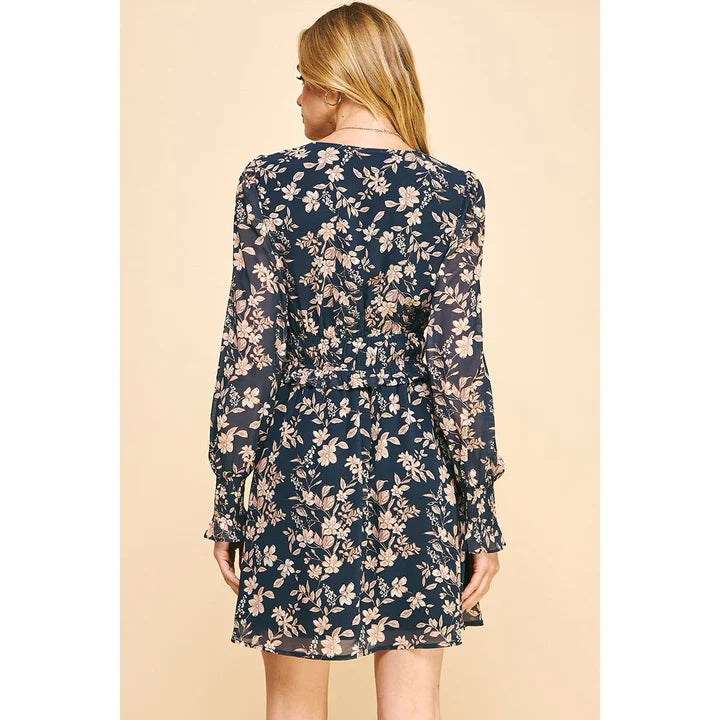 FLORAL PRINT V NECK MINI DRESS - DEEP NAVY