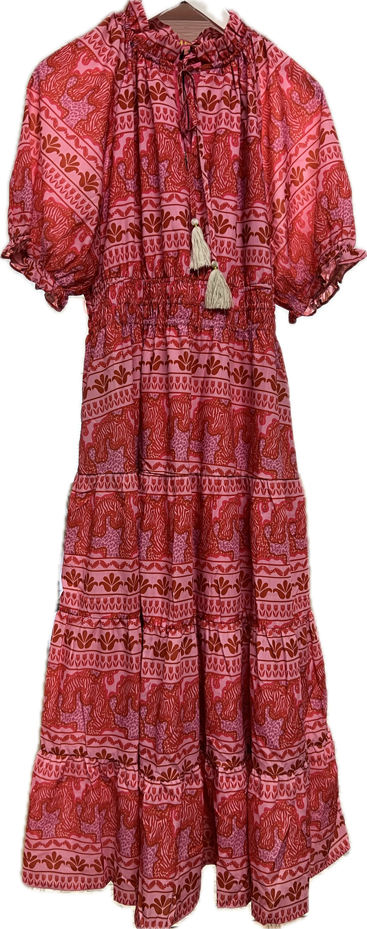 SHORT SLEEVE PRINT TIERED DRESS - PINK