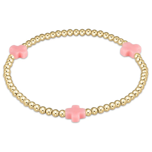 SIGNATURE CROSS GOLD PATTERN 3MM BEAD BRACELET  - PINK