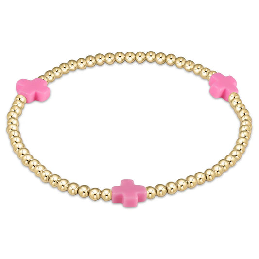 SIGNATURE CROSS GOLD PATTERN 3MM BEAD BRACELET  - BRIGHT PINK