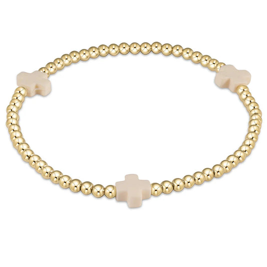 SIGNATURE CROSS GOLD PATTERN 3MM BEAD BRACELET - OFF WHITE