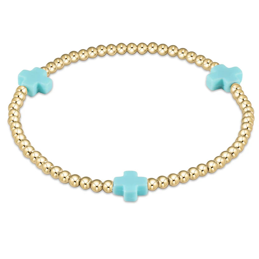 SIGNATURE CROSS GOLD PATTERN 3MM BEAD BRACELET  - TURQUOISE