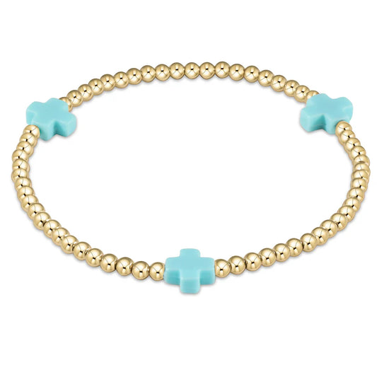 SIGNATURE CROSS GOLD PATTERN 3MM BEAD BRACELET  - TURQUOISE