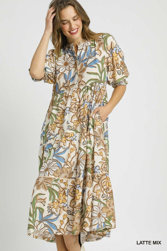 FLORAL TIERED MIDI DRESS - LATTE