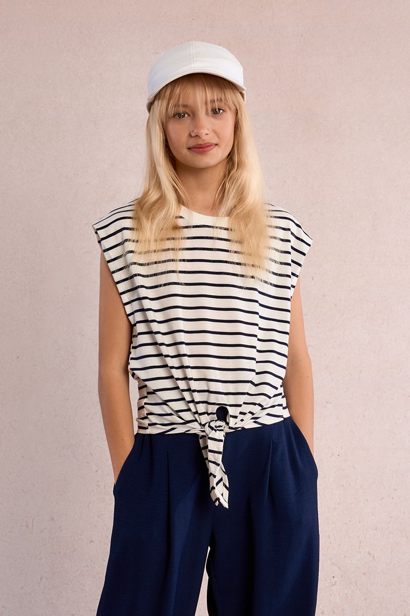 GIRLS KNITTED TEE WHITE/NAVY