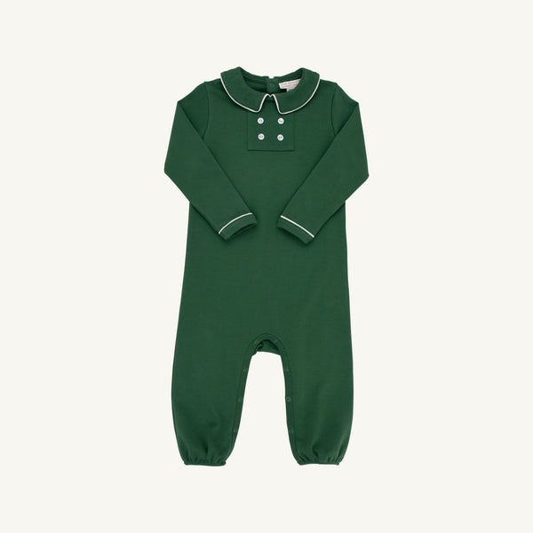 LONG SLEEVE BENNY BUTTON ROMPER - GRIER GREEN/PALMETTO PEARL