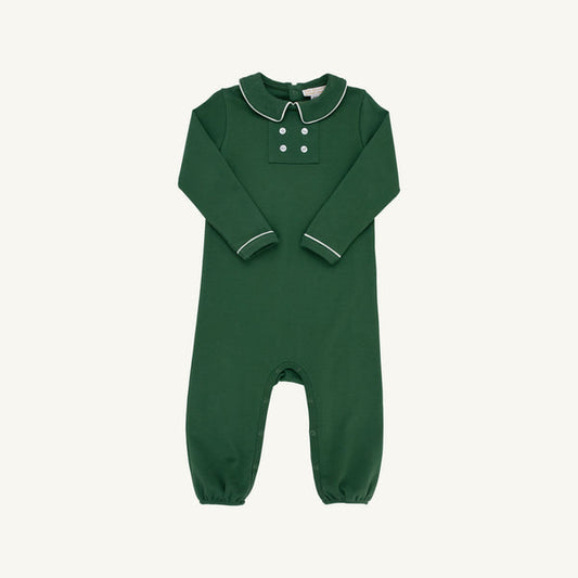 LONG SLEEVE BENNY BUTTON ROMPER - GRIER GREEN/PALMETTO PEARL