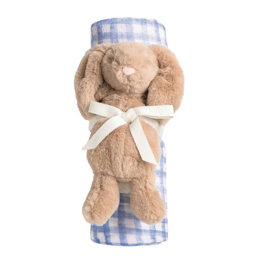BLUE CHECK SWADDLE WITH BUNNY RATTLE