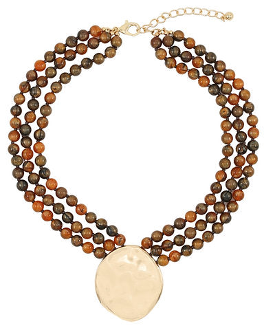 3 LAYERED ROUND & MARBLE BEAD NECKLACE - BROWN