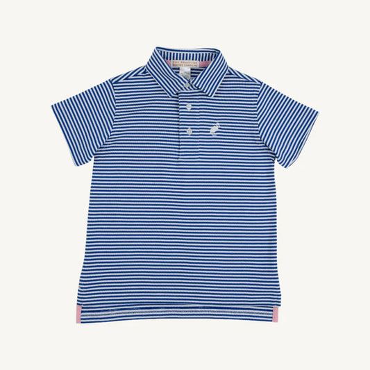 PRIM & PROPER POLO & ONESIE - ROCKEFELLER ROYAL STRIPE WITH WORTH WHITE STORK