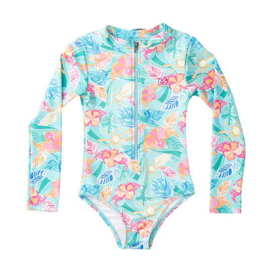 GIRLS LONG SLEEVE SURF & TURF ZIP FRONT SWIMSUIT - PALM PARADISE