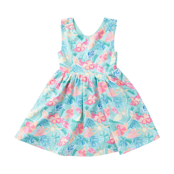 GIRLS' CRISSCROSS BACK DRESS TROPICAL PRINT