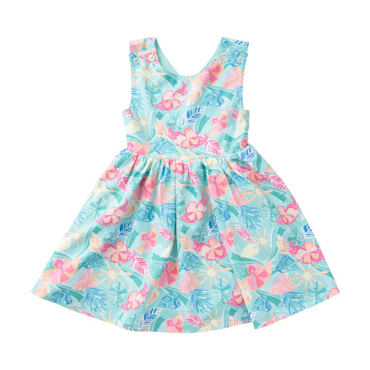 GIRLS' CRISSCROSS BACK DRESS TROPICAL PRINT