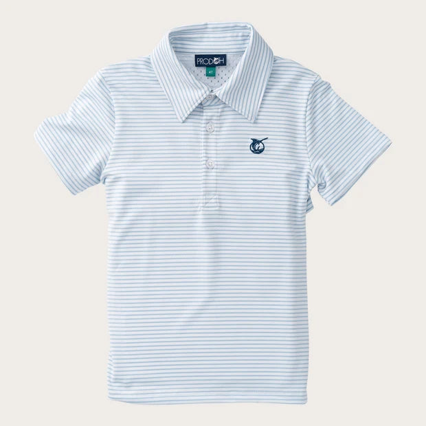 BOYS SHORT SLEEVE PRO PERFORMANCE POLO - CLEAR SKY BLUE & WHITE STRIPE