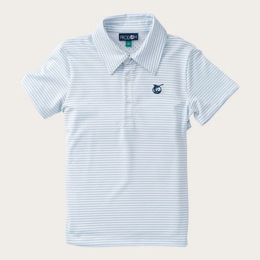 BOYS SHORT SLEEVE PRO PERFORMANCE POLO - CLEAR SKY BLUE & WHITE STRIPE