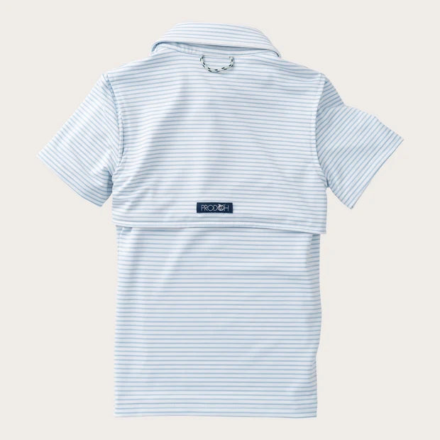 BOYS SHORT SLEEVE PRO PERFORMANCE POLO - CLEAR SKY BLUE & WHITE STRIPE