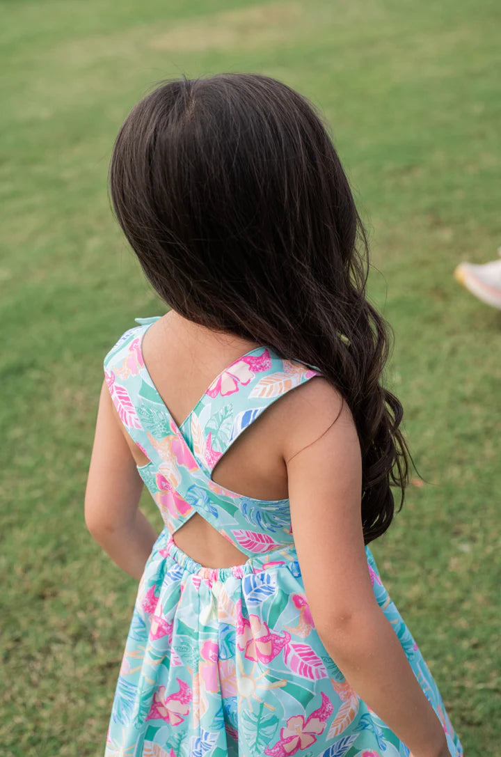GIRLS' CRISSCROSS BACK DRESS TROPICAL PRINT