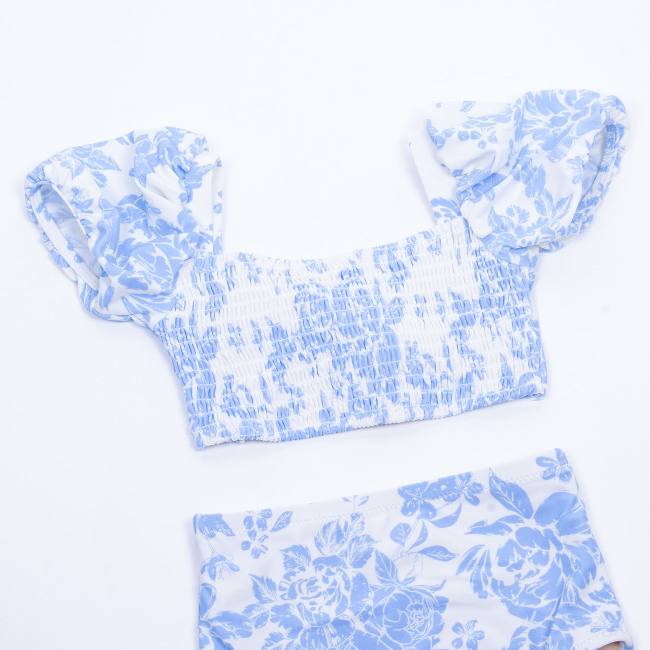 HIGH WAIST SMOCKED BIKINI BLUE BOUQUET