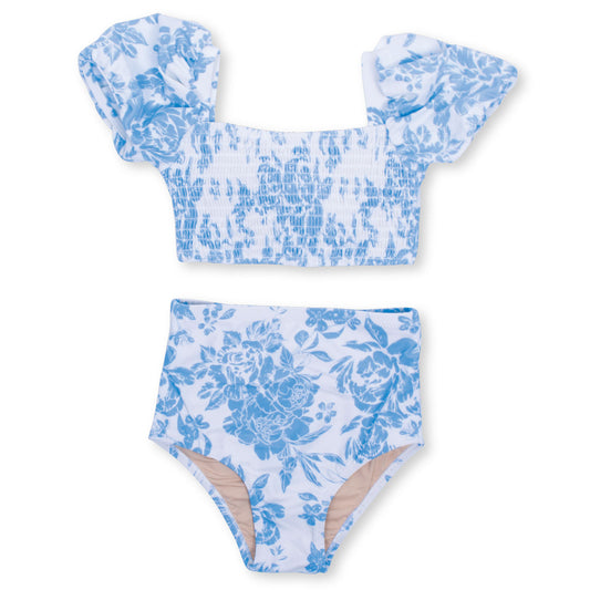 HIGH WAIST SMOCKED BIKINI BLUE BOUQUET