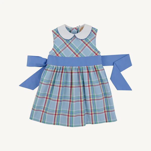 SLEEVELESS CINDY LOU SASH DRESS - WOVEN KENSINGTON COURT PLAID/BARBADOS BLUE