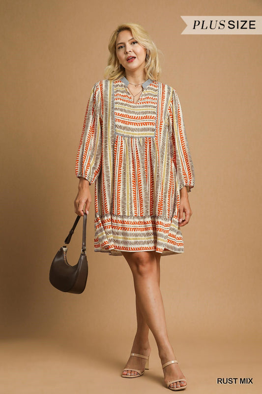 AZTEC PRINT BABYDOLL DRESS - RUST MIX