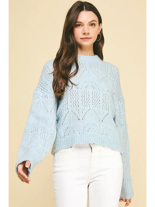 SOLID EYELET DETAIL SWEATER - LIGHT BLUE