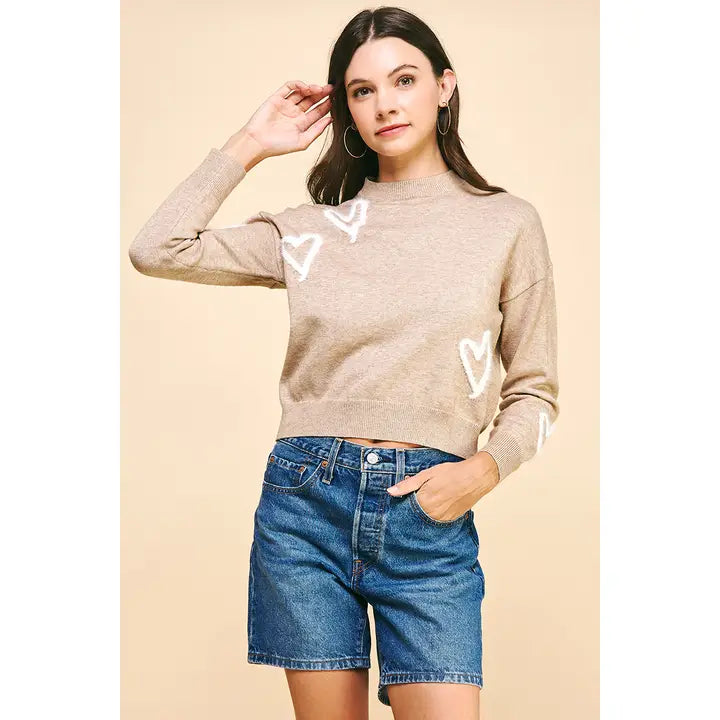 HEART PULLOVER SWEATER - TAUPE