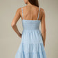 SQUARE NECK SHOULDER STRAP TIERED MINI DRESS WHITE/BLUE GINGHAM