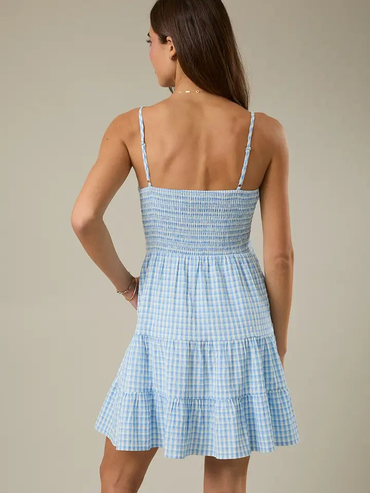 SQUARE NECK SHOULDER STRAP TIERED MINI DRESS WHITE/BLUE GINGHAM