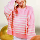 CREW NECK BALLOON SLEEVE STRIPED SWEATER TOP - PINK