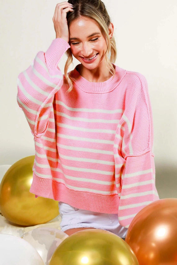 CREW NECK BALLOON SLEEVE STRIPED SWEATER TOP - PINK