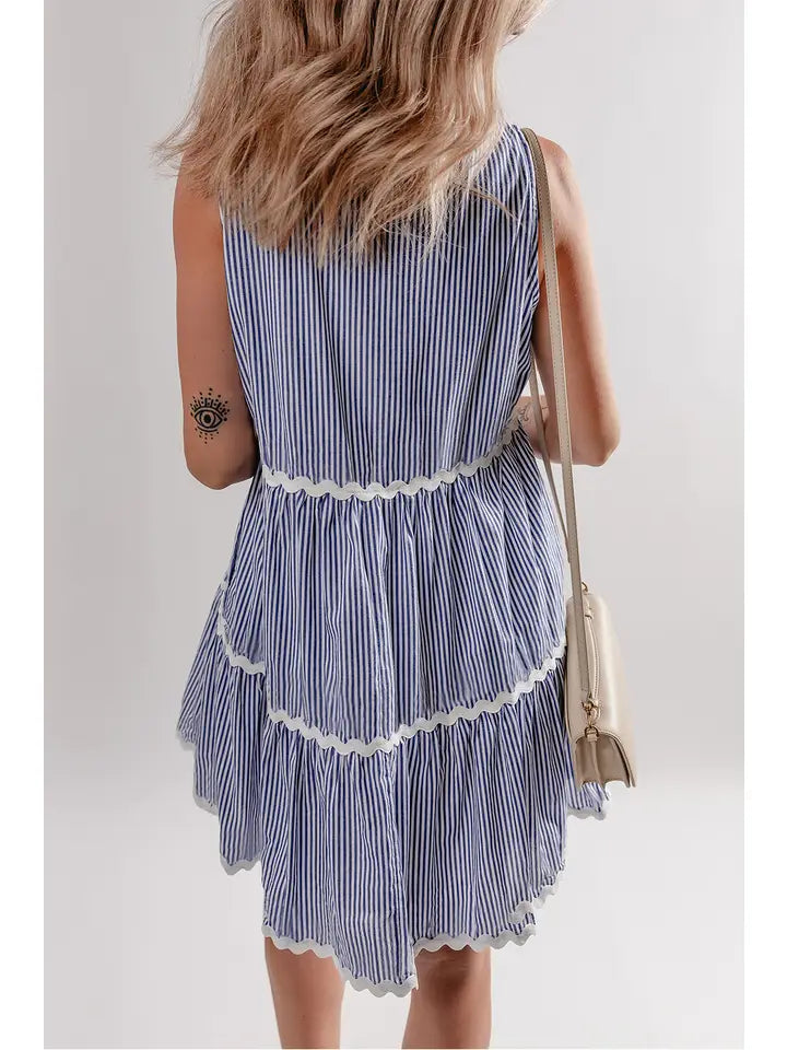 STRIPED PRINT RIC-RAC TRIM SLEEVELESS MINI DRESS