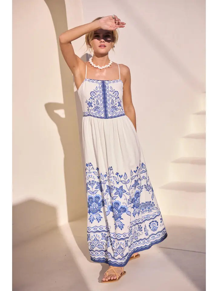 BORDER PRINT MAXI DRESS - WHITE/BLUE