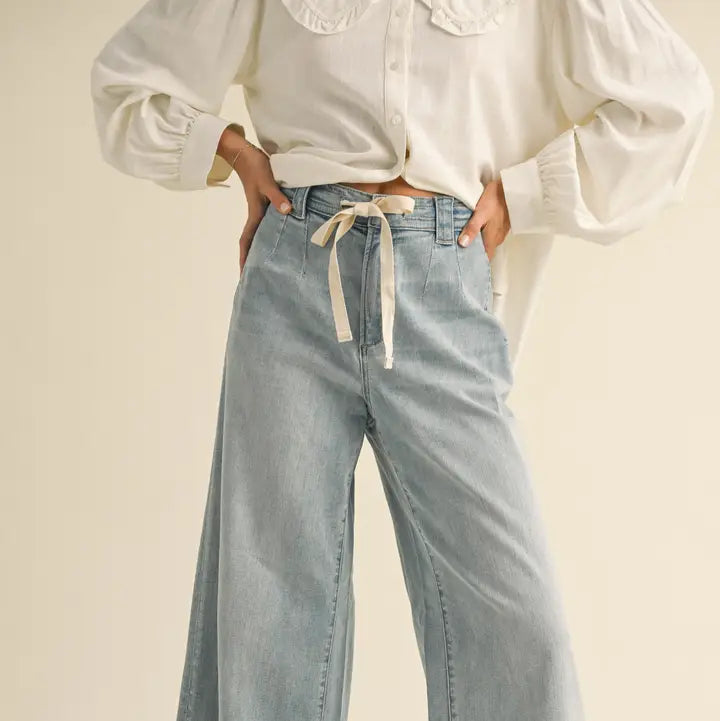 WASHED DENIM WITH TIE FRONT PANTS - DENIM