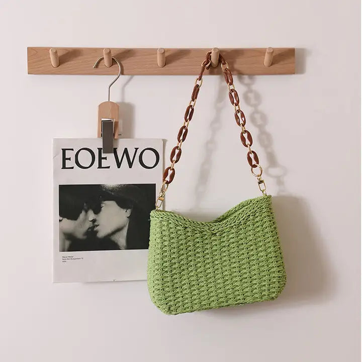 STRAW SHOULDER BEACH BAG - GREEN