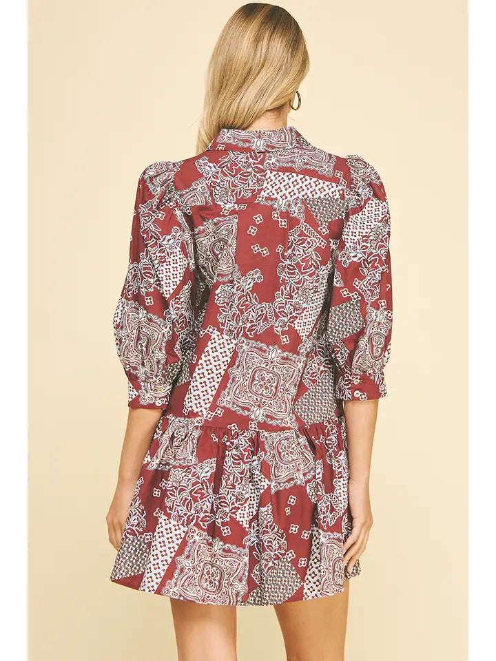 PRINT TIERED MINI DRESS - BURGUNDY