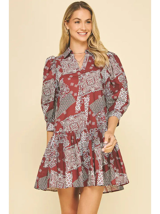 PRINT TIERED MINI DRESS - BURGUNDY