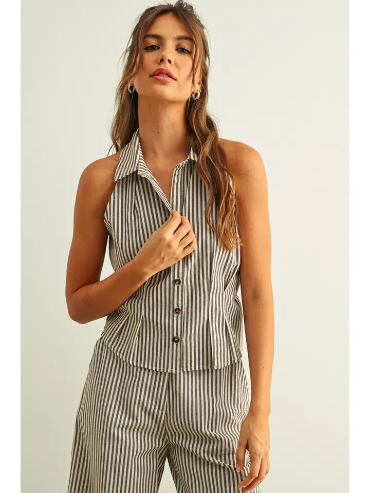 STRIPED PATTERN COLLARD BLOUSE - BROWN