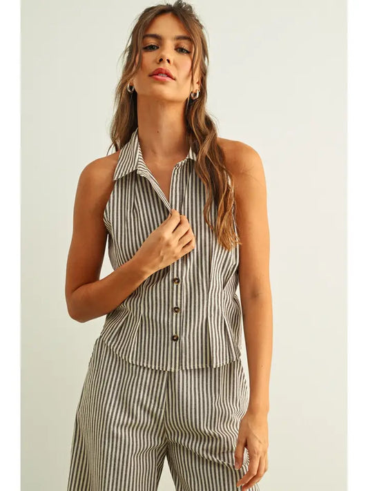 STRIPED PATTERN COLLARD BLOUSE - BROWN