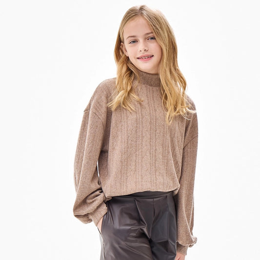 MOCK NECK CABLE KNIT SWEATER - MOCHA
