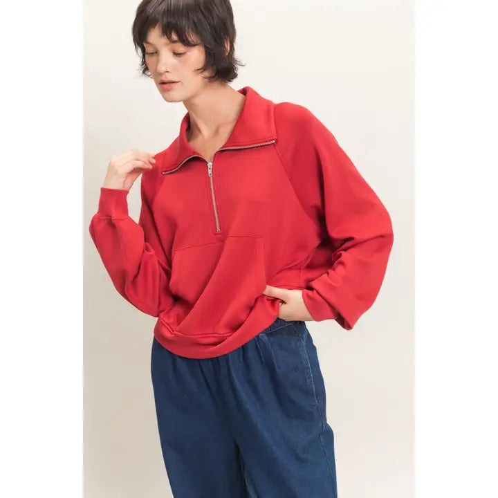 HALF ZIP COLLAR RAGLAN PULLOVER - DARK RED