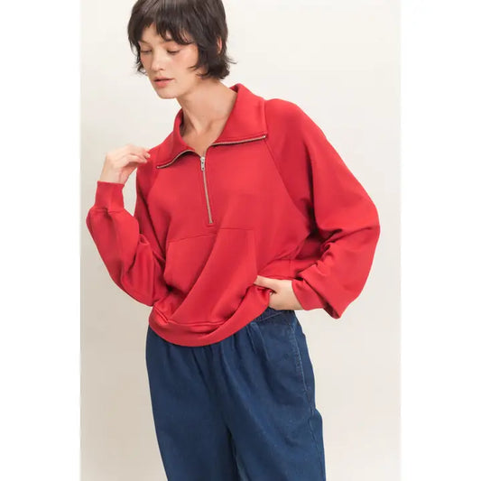 HALF ZIP COLLAR RAGLAN PULLOVER - DARK RED