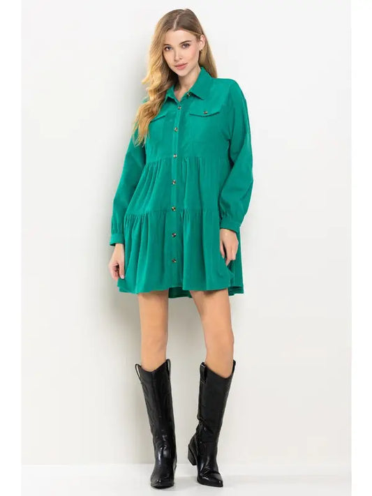 CORDUROY SHIRT DRESS - GREEN